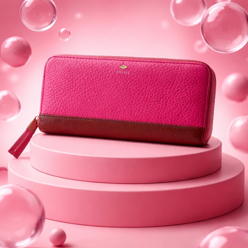 Fossil Pink and Brown Leather Zip Around Wallet